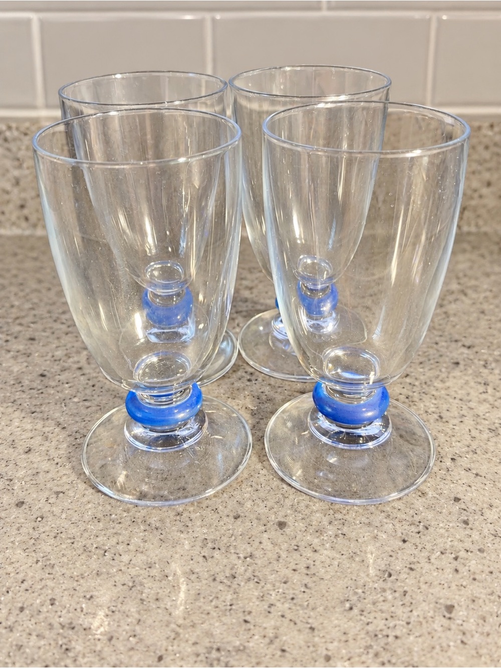 Set of 4 Clear Footed Glasses Cobalt Blue Ring Accent Goblets